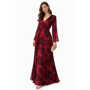 Carole Little Red Floral Wrap Maxi Dress Rayon Sheer Overlay Romantic Vintage 10